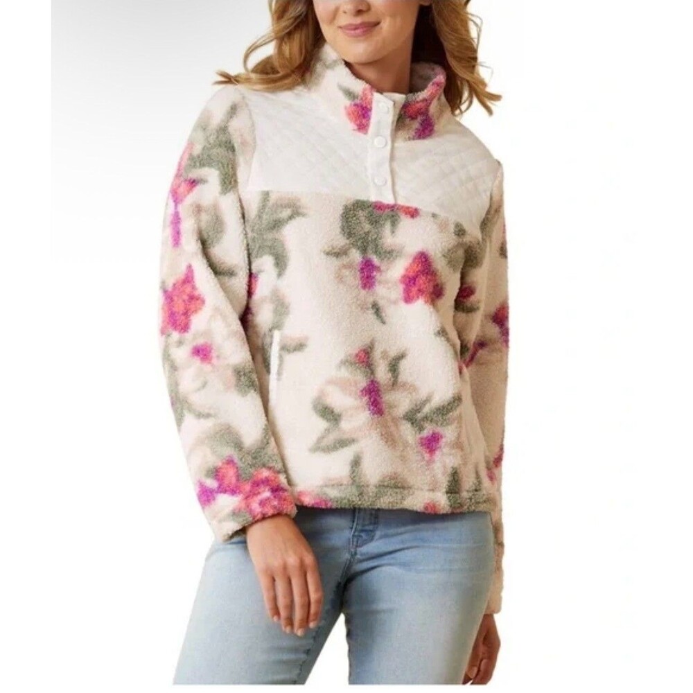 Tommy Bahama Women’s Floral Sherpa Fleece Pullover Quilted Snap Neck Size‎ Small